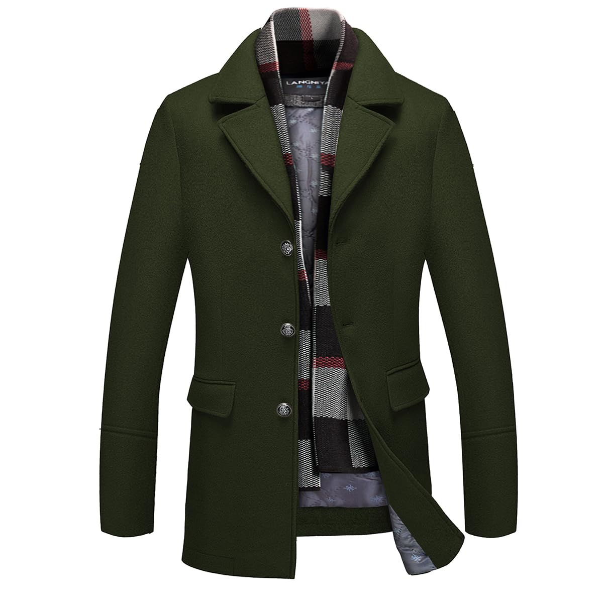 INVACHI Men's Wool Blend Pea Coat Warm Winter Trench Coat with Detachable Soft Scarf Single Breasted Overcoat